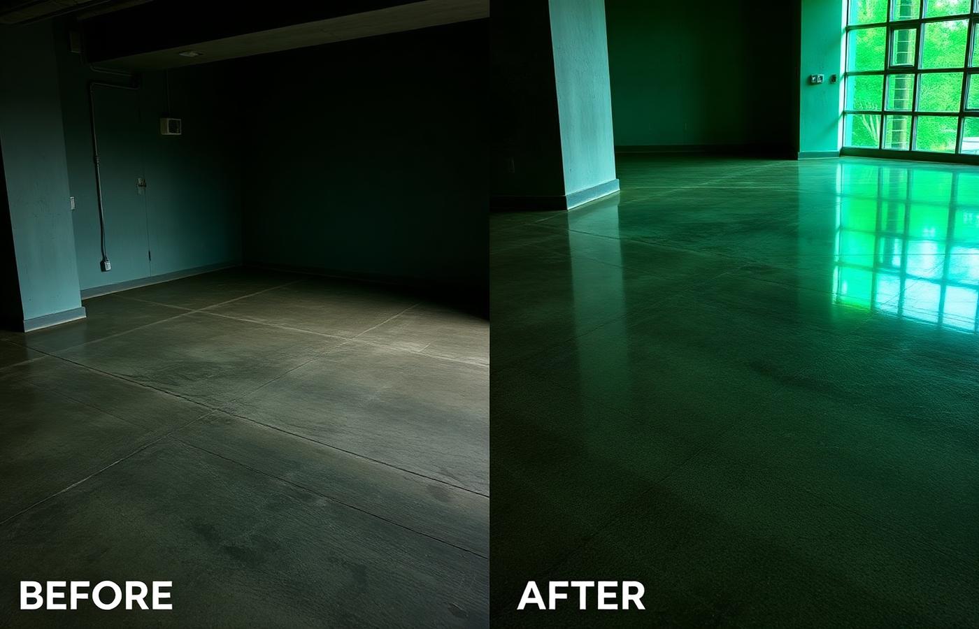 Comparação antes e depois: Piso em ambiente interno amplo