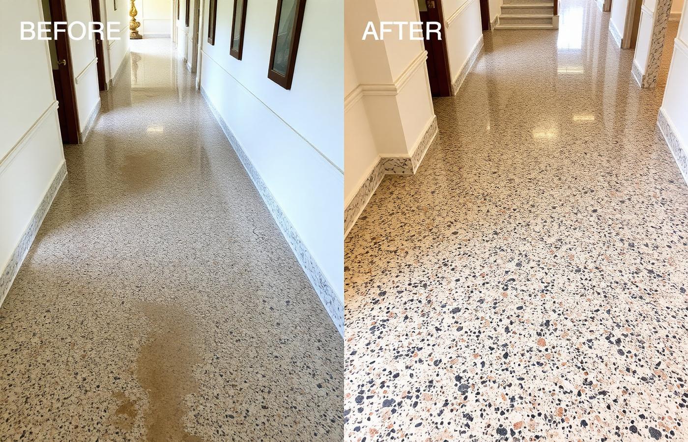 Comparação antes e depois: Piso granilite em corredor comercial