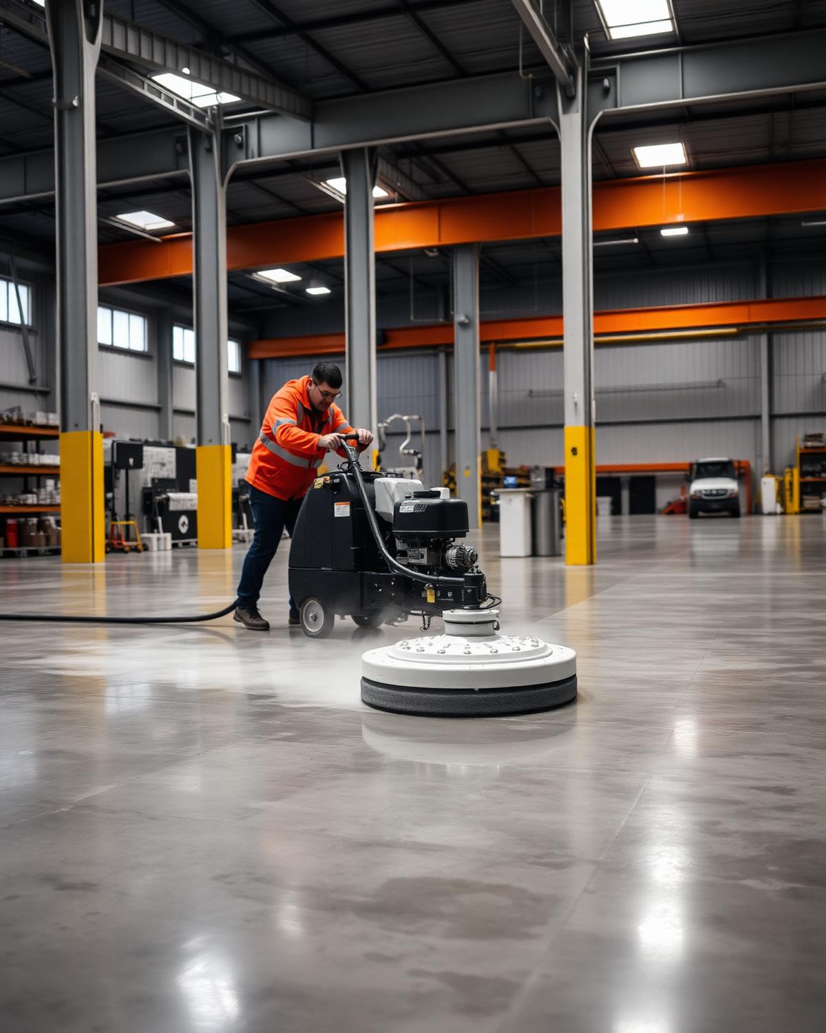 Equipe Koppen operando máquina de polimento em piso industrial