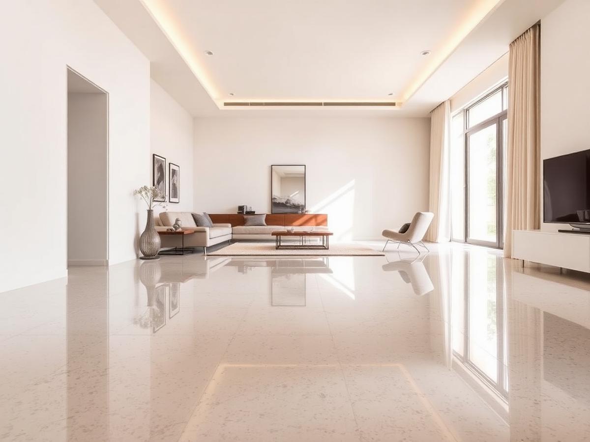 Interior residencial com piso polido refletindo o ambiente